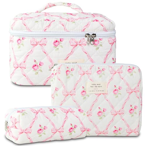 3Pcs Cotton Quilted Makeup Bag Large Travel Cosmetic Bag Coquette Makeup Pouch Cute Aesthetic Floral Toiletry Bag for Women Girls (flower-R)