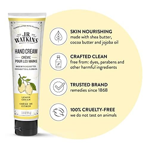 J.R. Watkins Natural Moisturizing Hand Cream, Hydrating Hand Moisturizer with Shea Butter, Cocoa Butter, and Avocado Oil, USA Made and Cruelty Free, 3.3oz, Lemon Cream, Single