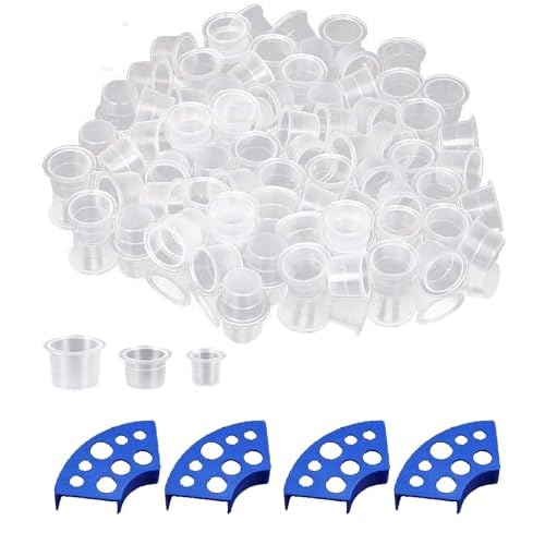 Tattoo Ink Caps, 600PCS Tattoo Cups for Ink with 4 Blue Cup Holders, Mixed Sizes Large Medium Small Plastic Pigment Cups, Tattooing Machine Plastic Supplies Kit Set