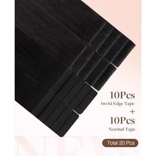 GOO GOO Invisi Edge Tape in Hair Extensions Human Hair, 1B Natural black 10pcs injected with 10pcs classical tape ins, 18inch 50g, Virgin Remy Hair, Natural Look