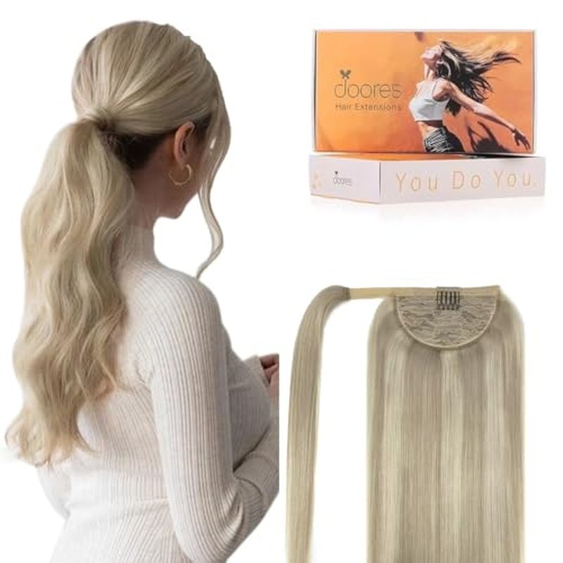 DOORES Human Hair Ponytail Extension Clip in Hair Extensions Balayage Ash Blonde Highlighted Platinum Blonde 20 Inch 90g Real Hair Extensions Wrap Around Ponytail Long Straight Ponytail Hairpiece