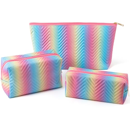 Y1tvei Rainbow Gradient Makeup Bag - 3Pcs Rainbow Colored Gradient Makeup Bag Colorful Leather Waterproof Fantasy Cosmetic Pouch Carry Makeup Brush Bag Zipper Travel Toiletry Organizer Gifts for Women