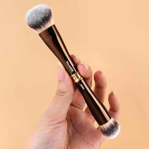 MAANGE Makeup Brush Set with Mirror Double-ended Kabuki Makeup Brushes For Foundation Contour Liquid Powder Concealer Eye Shadows Cream Cosmetics Blending Blush Makeup Tools (Coffee Brown, 8 PCS)