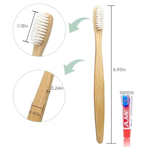 DincherBel Bamboo Toothbrushes Kit Bulk, Disposable Toothbrushes with Toothpaste(6g), Individually Wrapped Toiletries Amenities for Hotel, Airbnb, Homeless, Shelter, Camping and Travel (50 Pack)
