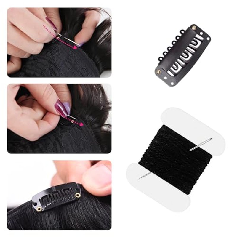 22 pcs 32mm Hair Extensions Clip Ins 6-Teeth U-Shape Black Hair Clips, with DIY Needle and Thread Kit - Snap Hair Clips for Wig Clips