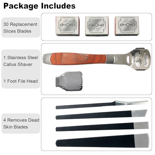36 Pcs Callus Shaver for Feet Set, Foot Callus Shaver, (1 Stainless Foot File &1 Foot File Heads & 4 Pedicure Knife & 30 Replacement Slices Blades)