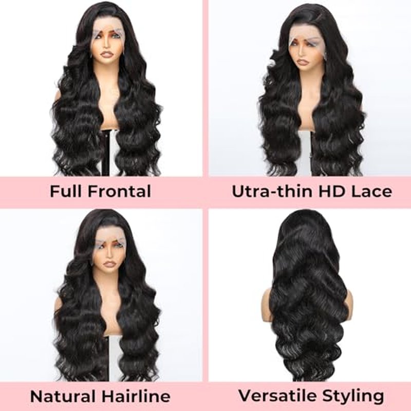 13x6 HD Lace Front Wigs Human Hair Body Wave Human Hair Wig for Women 180% Density Brazilian Virgin Hair Pre Plucked Glueless Body Wave Wig Natural Black 30 Inch