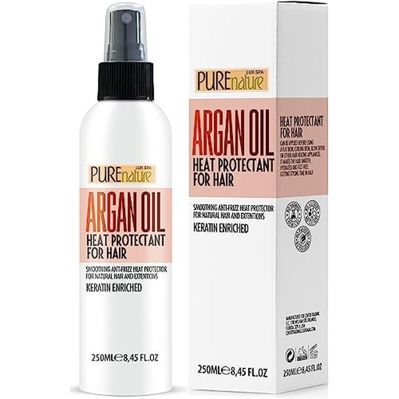 Moroccan Argan Oil Heat Protectant Spray for Hair - Leave In Thermal Guard against Flat Iron, Straightener and Blow Dry Damage - Hydrating Anti Frizz Control for Straight, Black and Curly Locks