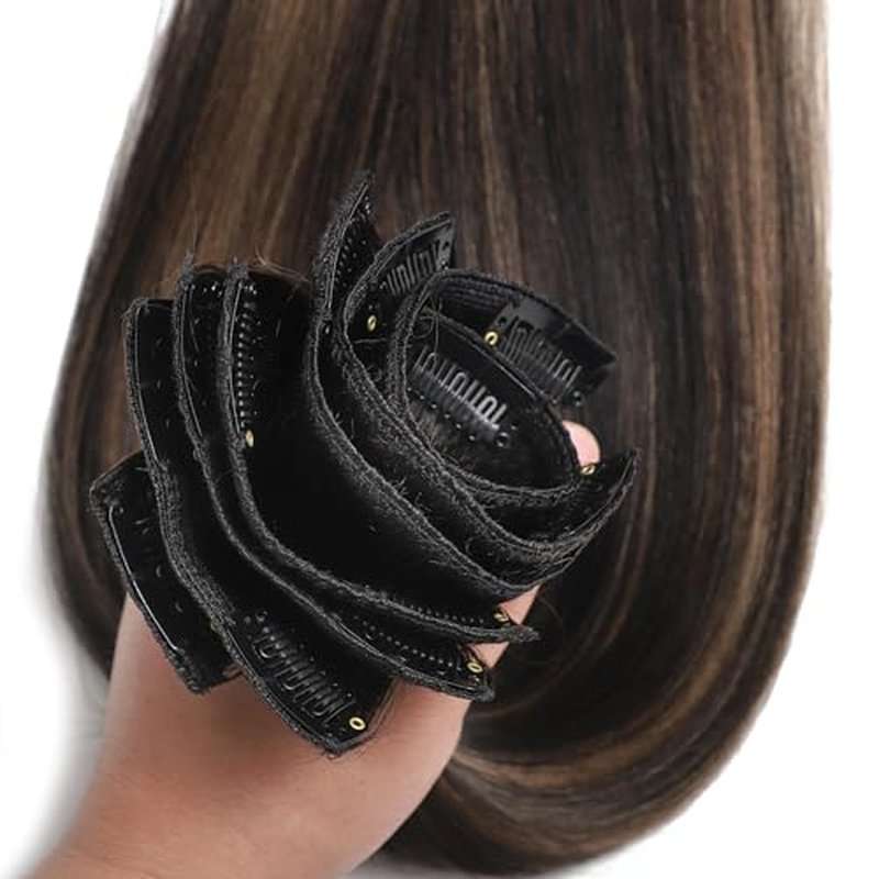 Loxxy Light Yaki Clip Ins Human Hair, Natural Black Mixed Chestnut Brown Color, Natural Look Yaki Straight Clip Ins Ideal for Black Women 22 Inches 7Pcs 120g