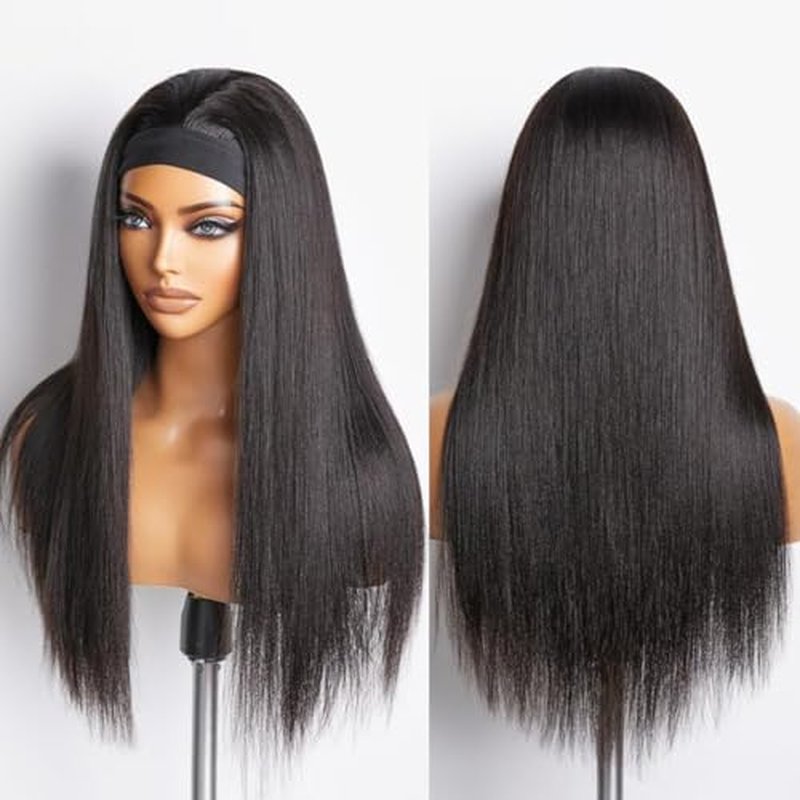 Headband Wig Straight Human Hair Wigs for Black Women Glueless None Lace Front Human Hair Brazilian Virgin Hair Machine Made Headband Wigs 150% Density Natural Color 24 Inch