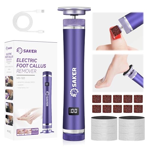 Saker Electric Foot Callus Remover, Electric Foot File Nail Grinder 2 in 1, Rechargeable Pedicure Tools for Feet with 60+10PCS Sandpaper & 12 Adjustable Speeds for Men Women Dead Dry Skin Calluses