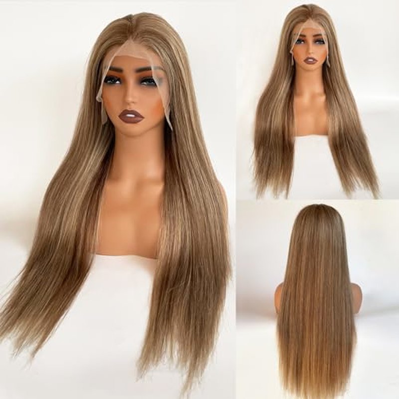 Munx 13x6 Highlight Brown and Blonde Human Hair Wigs, HD Transparent Lace Front Wig with Brown Roots Pre Plucked with Baby Hair for Women Bleached Knots 180% Density 20¡±, Can Be Restyled