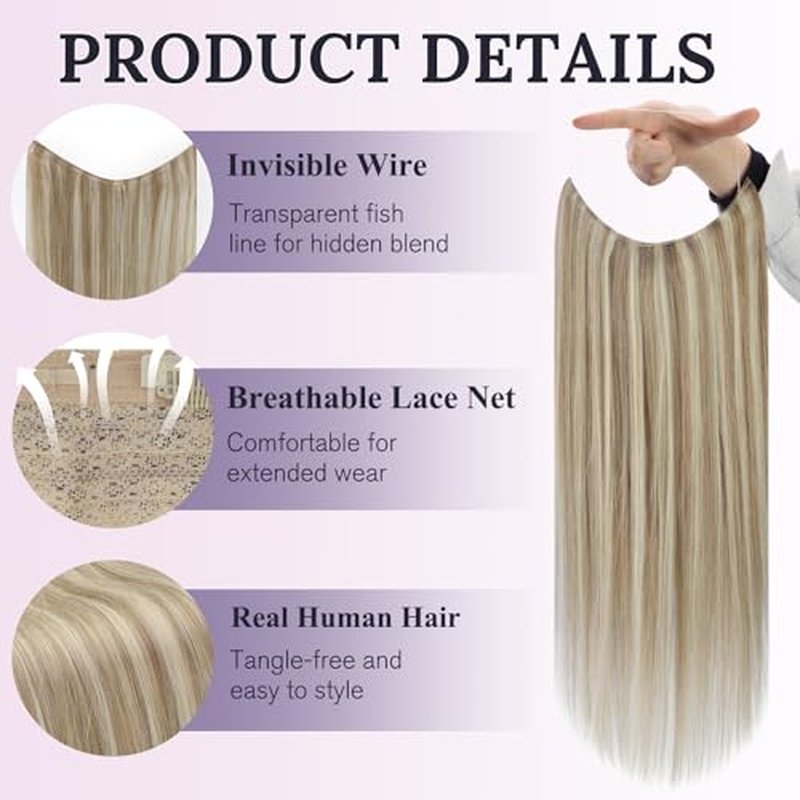 Fshine Wire Hair Extensions Golden Blonde Mix Light Blonde Highlightted 18 Inch Invisible Layered Wire Hair with Transparent Fish Line Straight Hair Clip in Extension 80 G