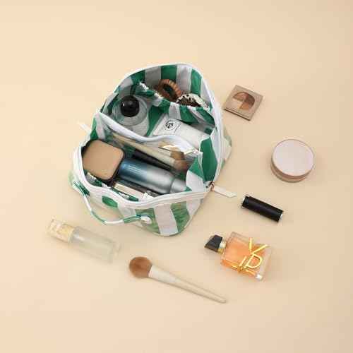 DYSHAYEN Stripe Travel Makeup Bag with Compartments Clear Coated Cosmetic Bag for Women, Waterproof Portable Open Flat Toiletry bag £¨White-Green£©