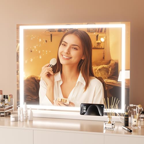 Vanity Mirror with Lights, 23" x 18" Makeup Mirror, Lighted Makeup Mirror with 3 Color Modes & Adjustable Brightness, Detachable 10x Magnification and USB Charging Design (White)
