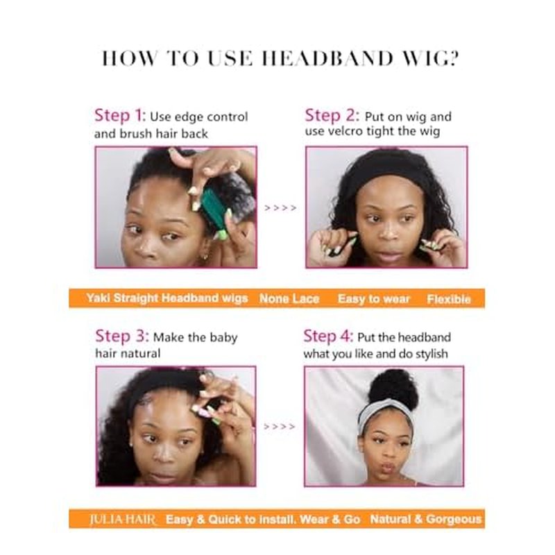 Julia Hair 12A Headband Wig Human Hair Yaki Straight Glueless None Lace Half Wig With Pre-attached Scarf Ombre Chestnut Brown Highlight With Dark Roots for Black Women Put on and Go 20 Inch