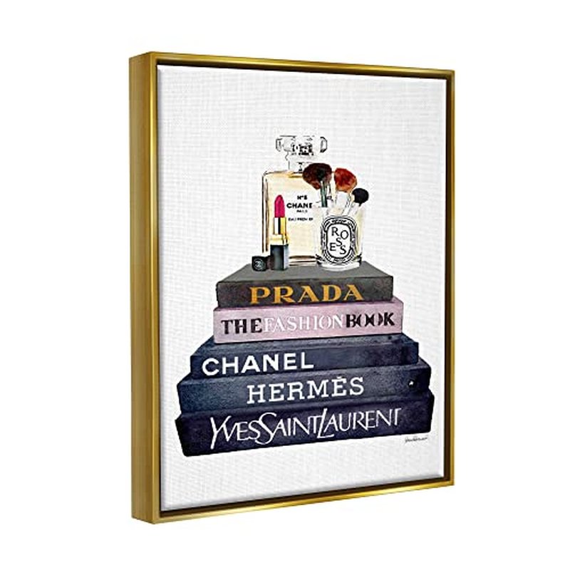 Stupell Industries Glam Fashion Book Set With Makeup, Design by Amanda Greenwood, 24 x 30, Gold Floater Framed