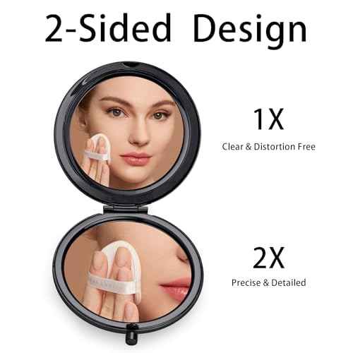 Compact Mirror, Pocket Travel Makeup Mirror for Purse, Metal Round Shell, 2-Sided 1X/2X Magnifying, Portable, Folding, Handheld, Black, 6 Pack