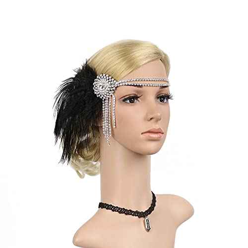 Flapper Headbands for Women 1920s Feather Headpiece Great Gatsby Roaring 20s Hair Accessories Crystal Elastic Rhinestone (Black)
