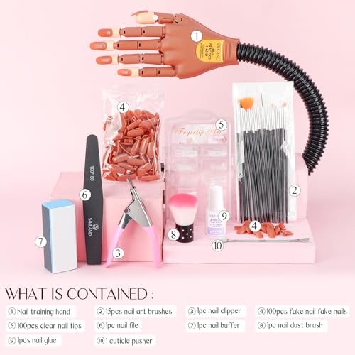 Saviland Practice Hand for Acrylic Nails, Flexible Moveable Fake Hands, Manicure Trainng Hand Nail Kit for Beginners, Movable Nail Maniquin Hand with 200PCS Nail Tips, Nail Glues, Brush and Clipper