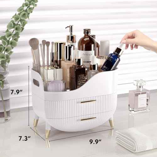 Makeup Organizer for Vanity, Large Capacity Skincare Cosmetic Organizer Countertop with 2 Drawers, Cosmetic Display Cases Makeup Storage Box for Bedroom, Bathroom, Ideal Gifts for Women(White)