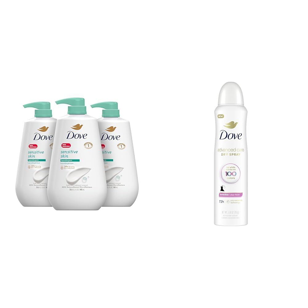 Dove Sensitive Skin Body Wash - Gentle Cleansing Formula | 30.6 Fl Oz (Pack of 3) & Advanced Care Antiperspirant Spray with Pro-Ceramide Technology