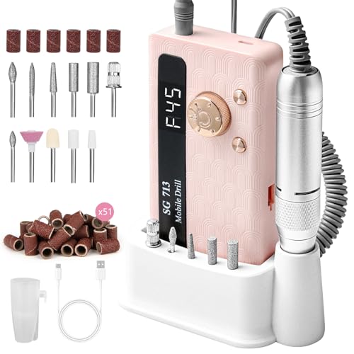 Electric Nail File Professional Kit - 45000RPM Portable Nail Drill Electric File with 11 Bits & Base?LED Screen?Ultra-Silent, Rechargeable Nail Drills Machine for Acrylic Nails Gel Polishing (Pink)