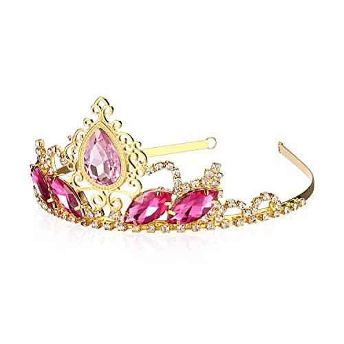 Pink Rhinestone Princess Tiaras Fairy Bridal Headpiece Birthday Halloween Gold Crown for Teen Girl