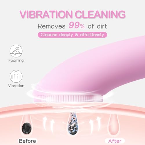 PRITECH Facial Cleansing Brush, Rechargeable Silicone Face Scrubber with Heat Massage End, Vibrating Exfoliator Scrubber for Deep Cleaning, Waterproof Face Brush for Women and Men (Pink)