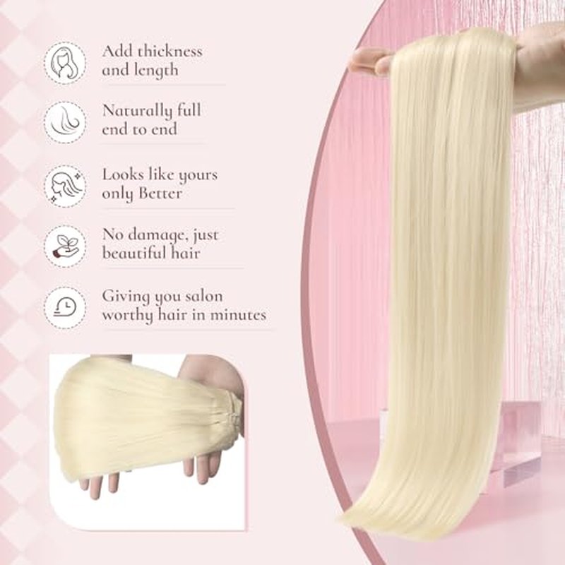 Invisible Clip in Real Human Hair Extensions,18 Inch Platinum Blonde Remy Thick Straight Clip Hair, 7 Pieces With 16 Clips 85 Gram No Slip No Shedding Comfortable All Day Wear