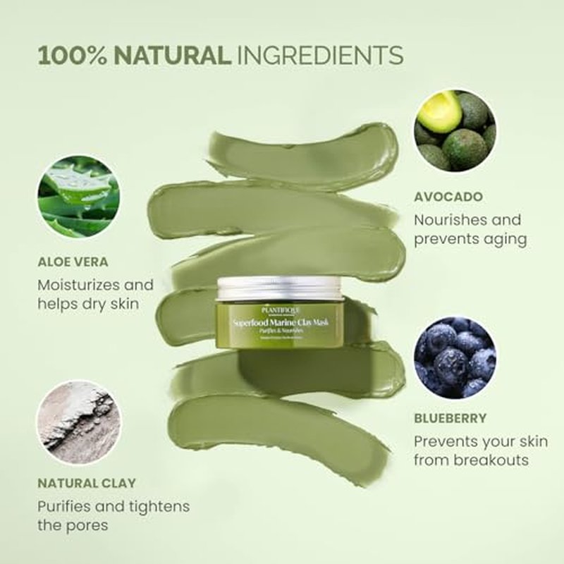 PLANTIFIQUE Korean Skincare Clay Mask ? Hydrating Mud Mask with Avocado & Superfoods, Dermatologist-Tested for Face & Body ? Vegan, 3.4 Oz/100ml