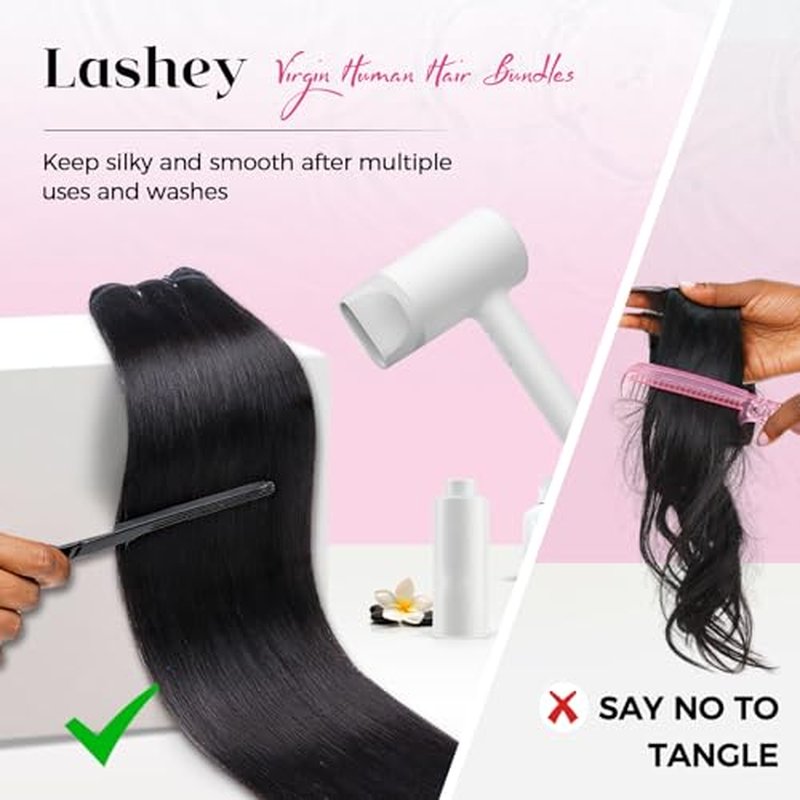 Lashey Human Hair Bundles Light Yaki Straight 100% Virgin Human Hair Soft and Bouncy Double Weft Hair Extensions Natural Black 12 14 16 Inches (3 Bundles Total 240 grams)