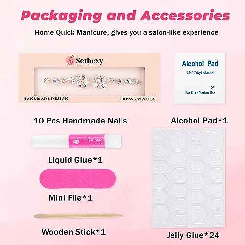 Sethexy Short False Toenails Handmade Rhinestone Wedding Full Cover Press On Toenails Luxury Crystal Fake Toe Nails Acrylic Artificial Stick On Foot Nails for Women and Girls 10Pcs (8, L)