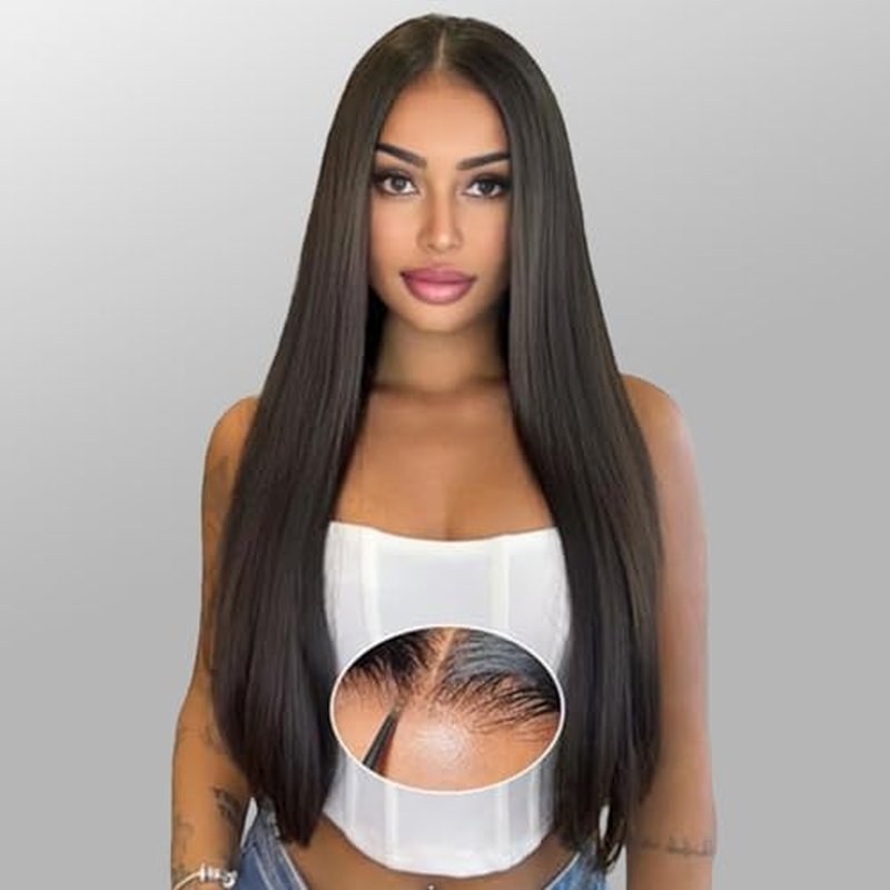 Glueless Wigs Human Hair Pre Plucked Pre Cut 6x4 Straight Lace Front Wigs Human Hair 28 Inch Hd Lace Front Closure Wigs for Women 180% Density Wear and Go Glueless Wig Ready to Wear Natural