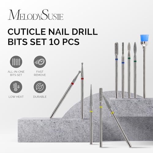 MelodySusie 10pcs Nail Drill Bits Set, 3/32 Inch Diamond Cuticle Nail Bits Kit for Nail Drill E-File, Manicure Pedicure Remover Tools for Acrylic Gel Nails, Salon Home Nail Care Supplies, Silver