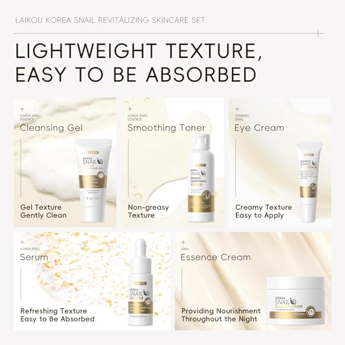 LAIKOU Korean Skin Care, Skin care set, Skin Care Kit Snail and Ginseng with Cleansing Gel, Toner, Eye Cream, Serum, Essence Cream 5pcs for Women Teen Girls Mom Daughter Mother's Day Birthday