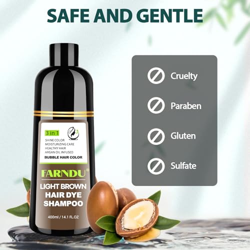 FARNDU Light Brown Hair Dye Shampoo 3 in 1 with Argan Oil ? 10-15 Min Gray Coverage, Natural Instant Hair Color Shampoo for Women and Men, Long-Lasting Up to 6 Months