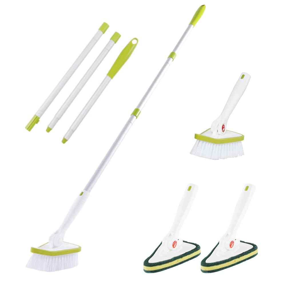 CQT 2 in 1 Bathroom Cleaning Brush with 48" Extendable Long Handle Detachable Scrub Brush with 2 Scrubber Heads and 2 Scouring Pad Head for Cleaning Bathtub Shower Bathroom Wall Bathtub Floor