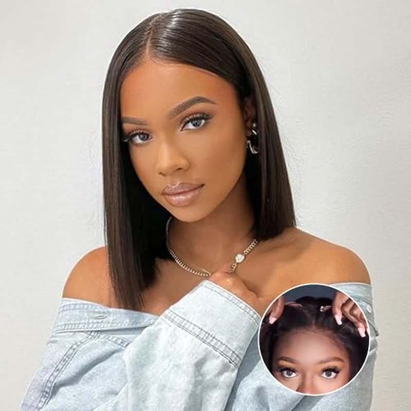 Wear and Go Glueless Bob Wig Human Hair Straight, 6x4 Pre-Cut HD Lace Front Glueless Wigs Pre-Plucked, Transparent Lace Closure Wigs for Women 180% Density 16 inch