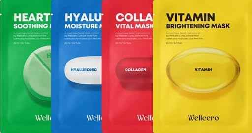 ELT Wellcero Korean Face Masks(4pack 20 Sheet Masks), Brightening Mask, Vitamin C, Anti-Aging Wrinkle Fighting, Deep Collagen Mask, Korean Skin care