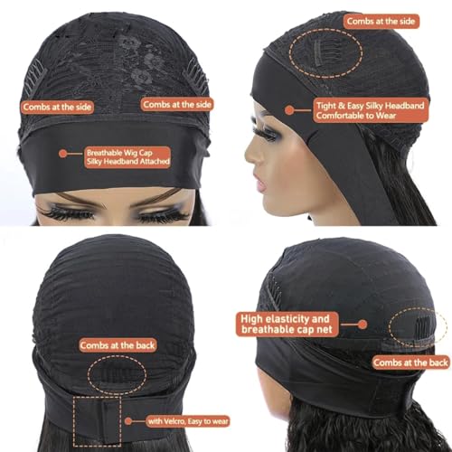 Short Headband Wigs for Black Women Water Wave Human Hair No Glue Curly Headband Wig Human Hair Curly Brazilian Virgin Hair 150% Density No Gel No Lace Wigs Natural Black Headband Wig (14inch)