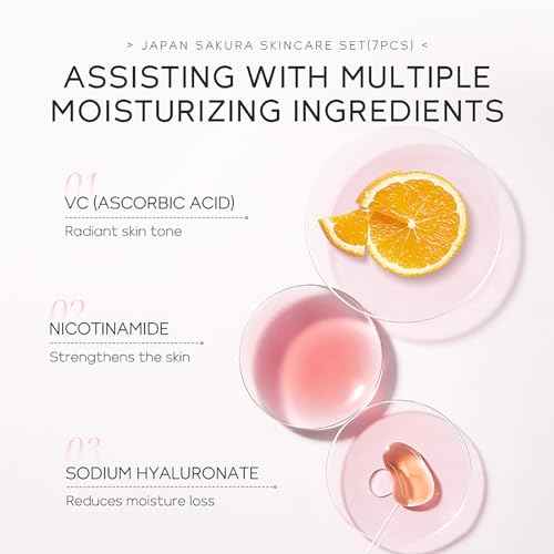 Skin Care Set JAPAN SAKURA Beauty Gift Sets Skin Care Kit with Cleanser, Toner, Lotion, Serum, Eye Cream, Face Cream, Make up Primer Travel Kit for Women Wife Mom 7pcs