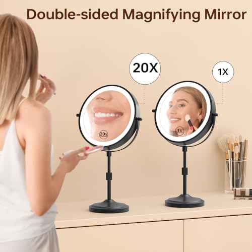9" Magnifying Mirror with Lights 20X, Height Adjustable Lighted Makeup Mirror with Magnification, 5000mAh Rechargeable Battery, Dimmable, 3 Lighting Colors, Black