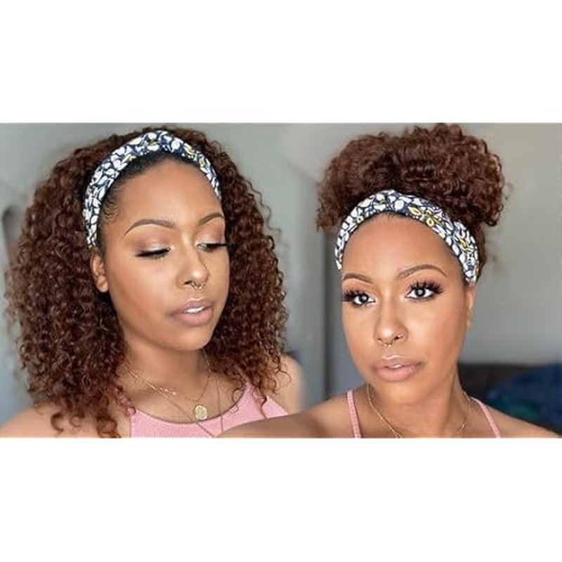 Headband Wig Human Hair Deep Wave Chocolate Brown Headband Wigs for black women Glueless Wigs Human Hair Machine Made 150% Density headband wig human hair with Headbands 22 Inches