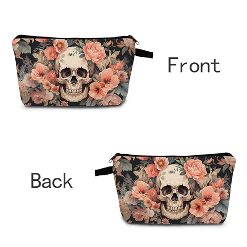 Floral Skull Cosmetic Bag Gothic Bloom Printed Design Makeup Organizer Edgy Travel Pouch for Music Festivals/Halloween Unique Dark Aesthetic Gift Idea