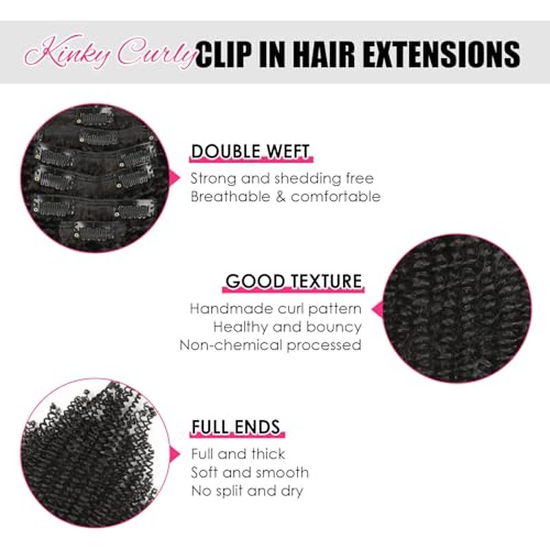 Kinky Curly Clip in Hair Extensions for Women 3C 4A Kinky Curly Clip ins 7Pcs 120g Remy Human Hair Clip in Hair Extensions Double Weft Natural Black 24 Inch