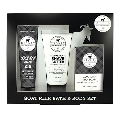 Dionis Goat Milk Skincare Cedarwood & Sea Salt Bath & Body 3pc Gift Set - Blended Shea & Jojoba Oil Shave Butter For Sensitive Skin, Hydrating, Moisturizing Lotion & Nourishing Triple Milled Bar Soap