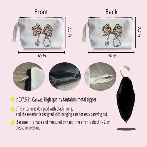 Leopard Bow Stethoscope Nurse Makeup Bag - Trendy Nurse Themed Gifts for Lovers Girls Mom Women, Bow Stethoscope Nurse Cosmetic Bag, Nursing Student Gifts, Canvas Zipper Makeup Bag