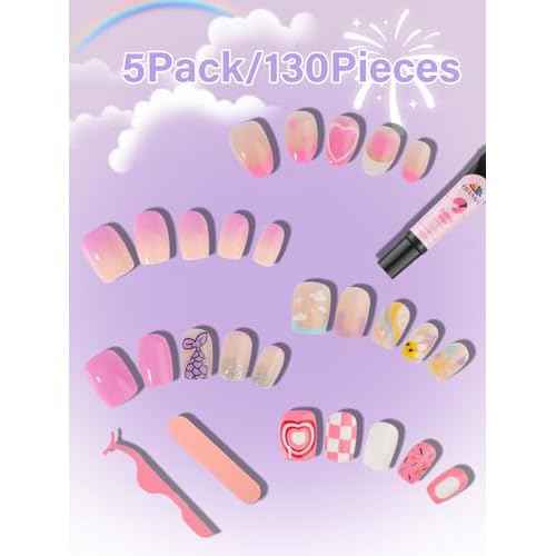 130PCS Kids Press on Nails, TOROKOM Fake Nails Set Short Square Glue on Nails for Girls Gift 8-12 Age, Heart Flower Butterfly Stick on Nails for Kids with Jelly Nail Adhesives & Glue