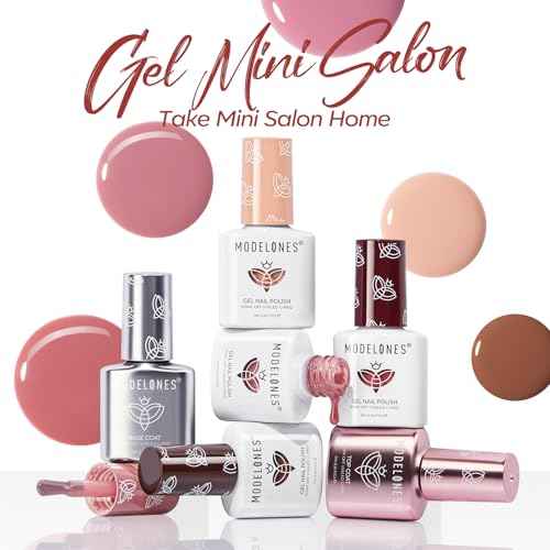 Modelones Jelly Gel Nail Polish Kit with UV Light, Fall Sheer Pink Nude Red Brown Jelly Gel Polish with Base Top Coat Pearl Chrome Powder 4 Transparent Colors Mini Salon Nail Art Gift for Women Girls